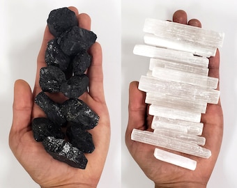 Selenite & Black Tourmaline - 1 LB to 2 LBS combo - Selenite Wand Sticks - Raw Black Tourmaline - Bulk Crystal Protection Grid