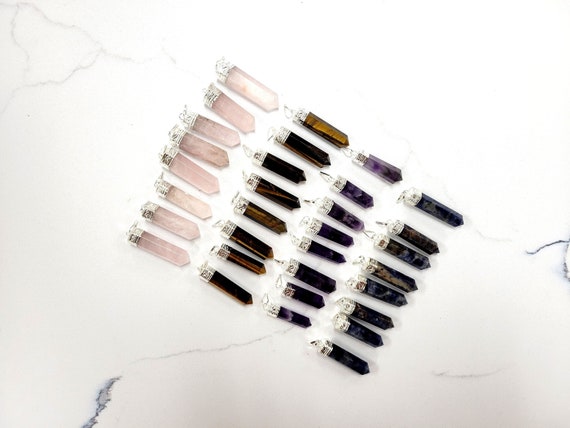 Crystal Point Pencil Pendants, Gemstone Hexagon Single Terminated Pendants, Amethyst, Tigers Eye, Rose Quartz, Sodalite
