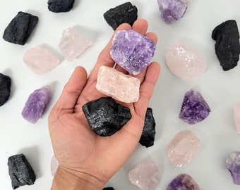 Amethyst, Black Tourmaline, Rose Quartz - Healing Crystal Trio Set - Raw Crystals
