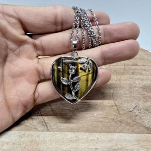 Tiger Eye Heart Necklace Gemstone Crystal Pendant Silver Chain Pick your Length