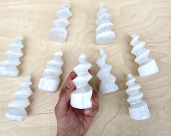 Selenite Unicorn Horn Carved Polished Smooth Selenite Tower from Morocco