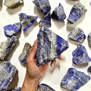 May include: A collection of raw lapis lazuli stones, showcasing deep blue hues with streaks of gray and white. The stones vary in size and shape, with a hand holding one of the larger pieces. The background is a plain white surface.