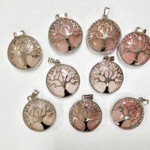Rose Quartz Crystal Pendants Tree of Life, Gemstone Jewelry Round Pendants for Necklace Making