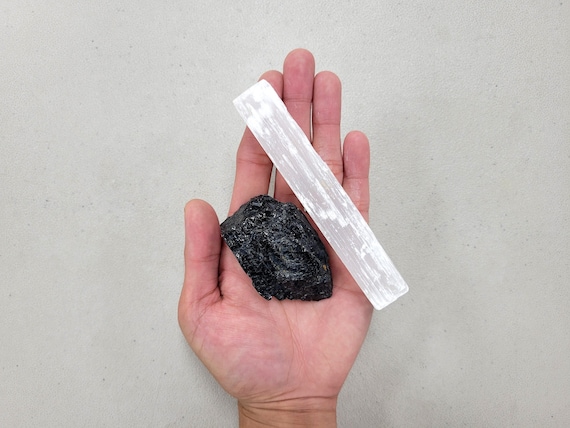 Black Tourmaline Chunk & Selenite Stick - Protection Bundle - Selenite Crystal Tourmaline Stone - Healing Crystals