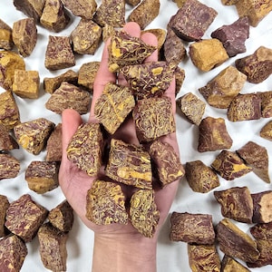 May include: A collection of raw, unpolished jasper stones in shades of brown, tan, and yellow. The stones have intricate patterns and textures, with some held in a hand. The background is a plain white surface, highlighting the natural colors and shapes of the stones.