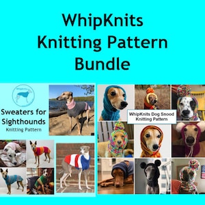May include: A collage of images featuring knitting patterns for dog sweaters and snoods. The patterns are designed for sighthounds and other breeds. The image includes photos of dogs wearing the finished knitted items.