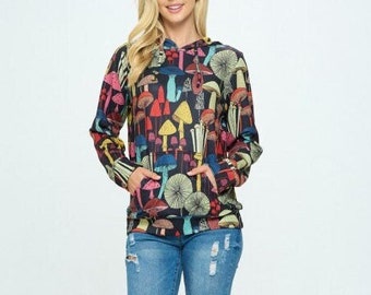 Unisex whimsical mushroom print soft knit zipper hoodie with pockets. Black Friday sale. Sizes and plus sizes, (S,M,L,XL), (1XL,2XL,3XL)