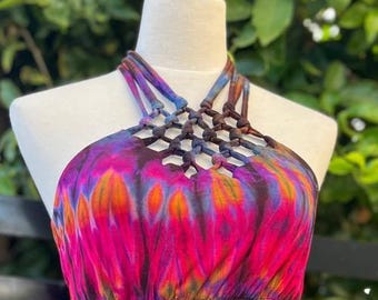 Tie dye bralette halter top, spandex halter crop top, festival top, hippie clothing, yoga top, ONE SIZE, black rainbow