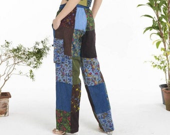 Pantalon cargo patchworks imprimé champignons, pantalon unisexe, sarouel en coton patch, pantalon hippie, sarouel, pantalon gitane