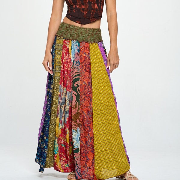 Extra soft silk patchwork skirt, handmade skirt, hippie skirt, boho skirt, one size, XS/S/M/L/XL