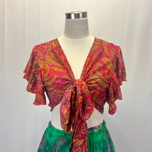 Pink ultra soft silk Short sleeves tie front crop top, wrap top, handmade in nepal