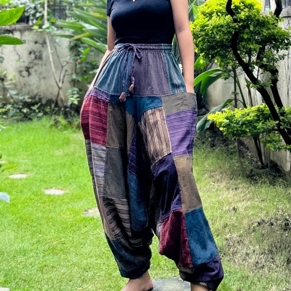 cotton patchworks low crotch harem pants, boho pants, free spirit pants, hippie pant, eco-friendly fabric, handmade in nepal