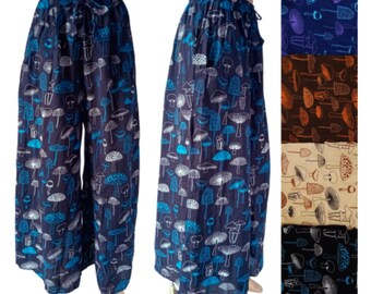 Handmade Cotton mushroom wideleg Pants: Unisex Hippie Style