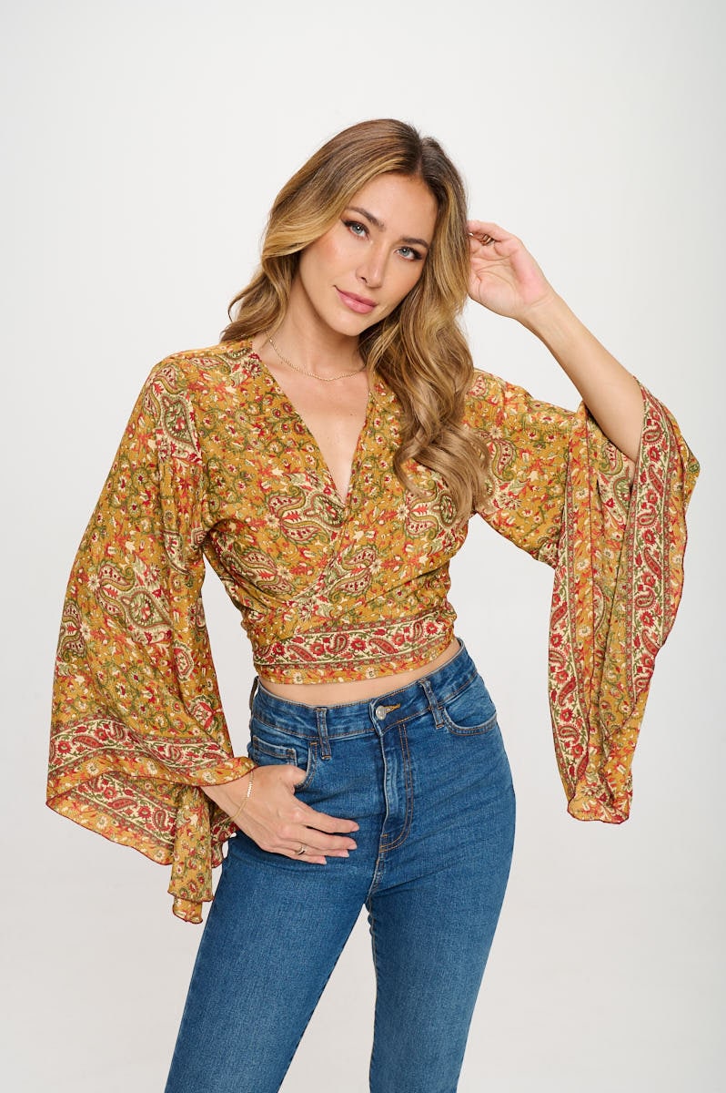 Silk Bell-sleeves Tie Front Crop Top, Wrap Top - Etsy