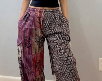Ręcznie robione spodnie haremowe z motywem kwiatów życia: unisex w stylu hippie