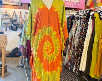 Tie-dye rayon kaftanjurk: oranje, groen boho strandkleed