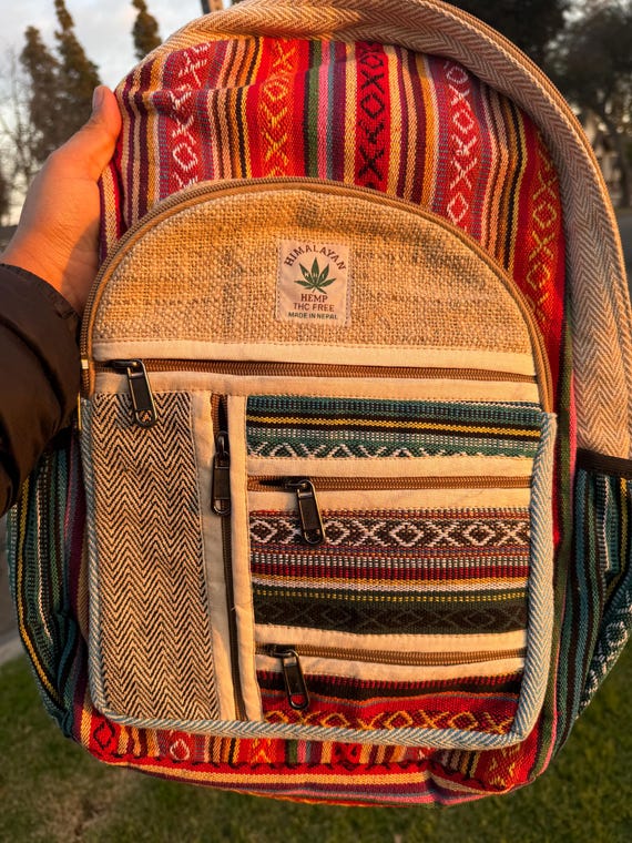 Large Hemp Backpack, Colorful Hippie Bag, Fair Trade Travel  display picture 3