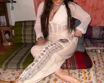Cotton Om Print Harem Pants, Unisex Hippie Style