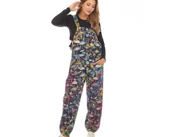 100% Cotton Mushroom Print Jumpsuit, Boho Hippie Style