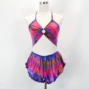 Conjunto de top y shorts con efecto tie-dye: traje de yoga rave de licra