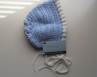 Handmade Crochet Baby Bonnet: Blue and White Hat (6-12 Months)