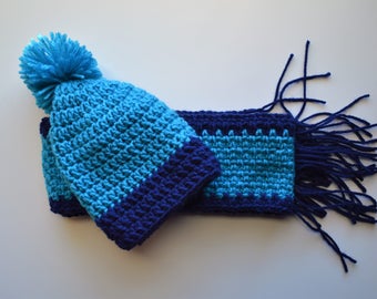 Simply Adorable U Crochet Adult Hat and Scarf, Crochet Winter Hat and Scarf, Turquoise and Navy Winter Scarf Set, Handmade Scarf Sets