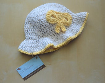 Handmade Crochet Baby Sun Hat: Beige Cotton Floppy Brim with Yellow Bow