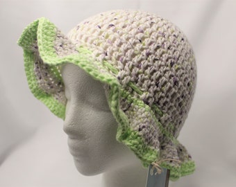 Hand Crocheted Cotton Sun Hat: Beige Floppy Brim Beach Hat