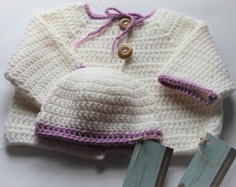 Simply Adorable U Crochet Baby White Sweater Set/Handmade White Baby Sweater Set/3-6 mos. White Crochet Baby Cardigan Set/Baby Girl Sweater