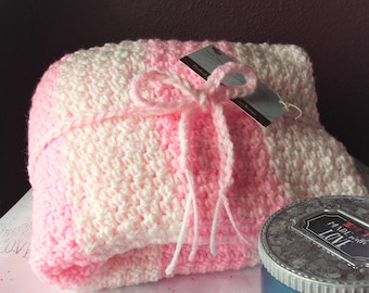 Hand Crocheted Pink and White Baby Blanket: Nursery Afghan