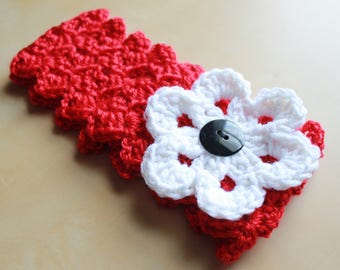 Custom Made handmade Crochet Ear Warmer Headband Set 2 OS Red Cream Flower boho 1736181848400.JPG main image 3