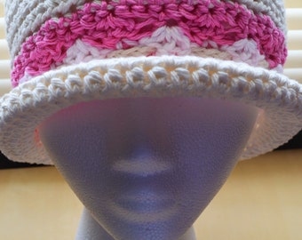 Handmade Crochet Adult Brim Sun Hat: Beige and Pink Cotton