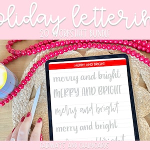 May include: A digital tablet displaying a worksheet for practicing handwriting the phrase "merry and bright" in different styles. The tablet is on a woven mat with red beads and a lit candle in the background. The text "Holiday Lettering 20 Worksheet Bundle" and "Fairways and Chalkboards" are also visible.