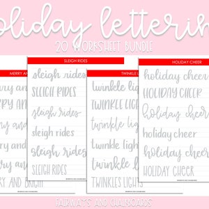 May include: A set of 20 printable holiday lettering worksheets. The worksheets feature different holiday phrases like "Merry and Bright", "Sleigh Rides", "Twinkle Lights", and "Holiday Cheer". Each phrase is written multiple times on lined paper to help with handwriting practice.