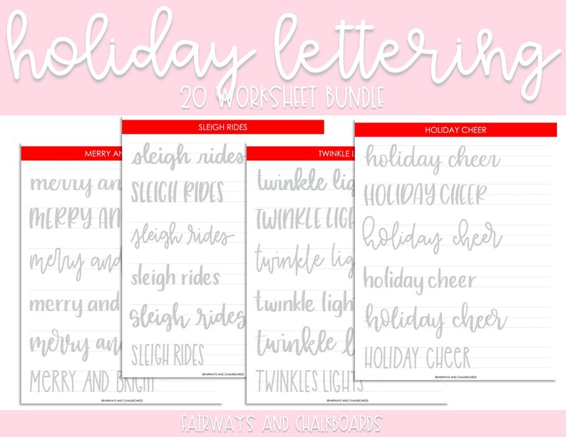 May include: A set of 20 printable holiday lettering worksheets. The worksheets feature different holiday phrases like "Merry and Bright", "Sleigh Rides", "Twinkle Lights", and "Holiday Cheer". Each phrase is written multiple times on lined paper to help with handwriting practice.