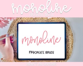 May include: A digital tablet displays the words "monoline" and "Procreate Brush" in a pink and black script font. The tablet is on a woven mat, with the word "moholine" above it. A hand holds a stylus, suggesting digital art creation.
