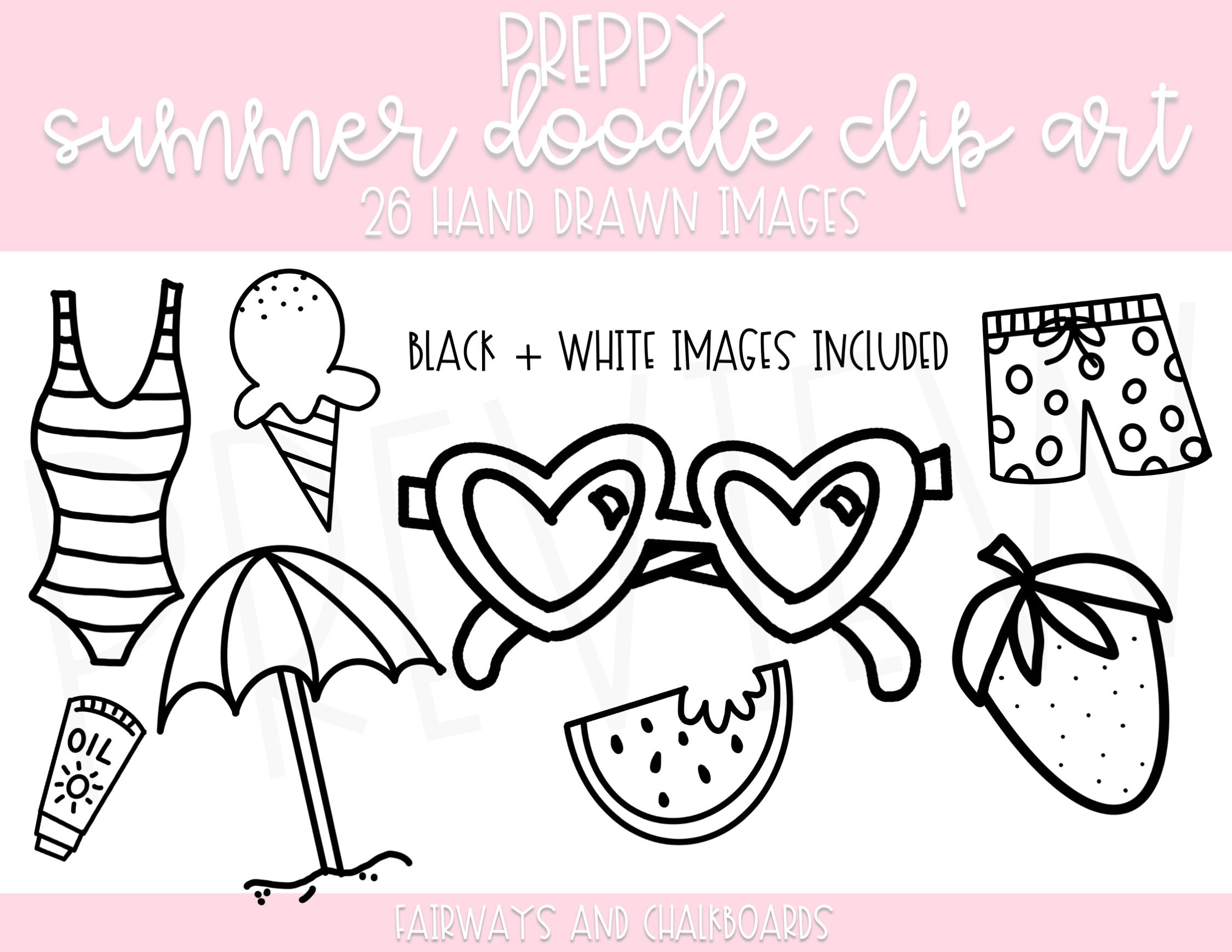 Preppy Summer Doodle Clip Art Color Black and White Hand Etsy Australia
