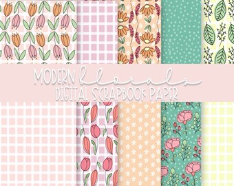 May include: Set of 10 digital scrapbook papers featuring modern floral patterns in pink, green, yellow, and orange. The papers include various floral designs, including tulips, daisies, and leaves. The papers are perfect for scrapbooking, card making, and other craft projects.