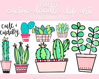 Preppy Cactus Doodle Clip Art | Color + Black and White | Hand Drawn Images