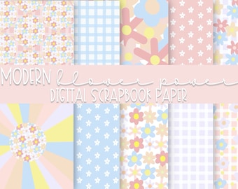 May include: A set of 10 digital scrapbook papers featuring a modern flower power theme. The papers feature various patterns in pink, blue, and yellow with floral designs.