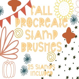 May include: A set of 25 digital stamp brushes for Procreate, featuring a fall theme with illustrations of sunflowers, stars, pumpkins, leaves, and flags. The text "FALL PROCREATE STAMP BRUSHES" is displayed in a bold, orange font.