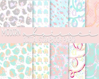 May include: Set of 8 digital scrapbook papers with modern abstract designs in pastel colors. The designs include leopard print, rainbows, wavy lines, and geometric shapes.