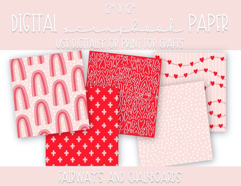 Digital or Printable Modern Valentine/'s Day Digital Scrapbook Paper 12 x 12