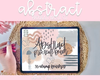 May include: A digital tablet displaying a set of 35 abstract Procreate brushes. The brushes are in a variety of colors and styles, including geometric shapes, lines, and textures. The text "Abstract Procreate Brush" and "35 stamp brushes" is displayed on the screen. The tablet is on a woven mat.