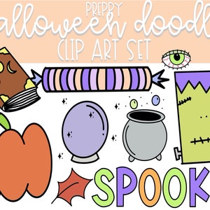 Preppy Halloween Doodle Clip Art | Color + Black and White | Hand Drawn Images