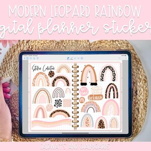 Könnte beinhalten: Digitale Planer-Aufkleber mit Regenbogenbögen mit Leopardenmuster und Pastellfarben. Die Aufkleber enthalten die Wörter "Sei freundlich" und "Sei mutig".