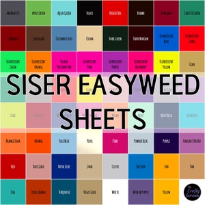 May include: A colour chart of Siser Easyweed heat transfer vinyl sheets. The chart shows 48 different colours, including fluorescent green, orange, pink, purple, yellow, and coral.