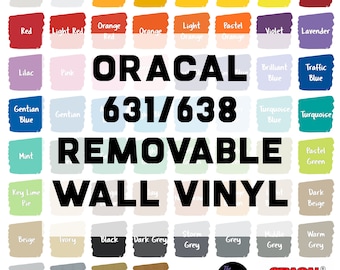 May include: A color chart of Oracal 631/638 Removable Wall Vinyl. The chart shows a variety of colors, including red, blue, green, yellow, orange, purple, and grey. The chart is labeled with the Oracal brand name and the product name.