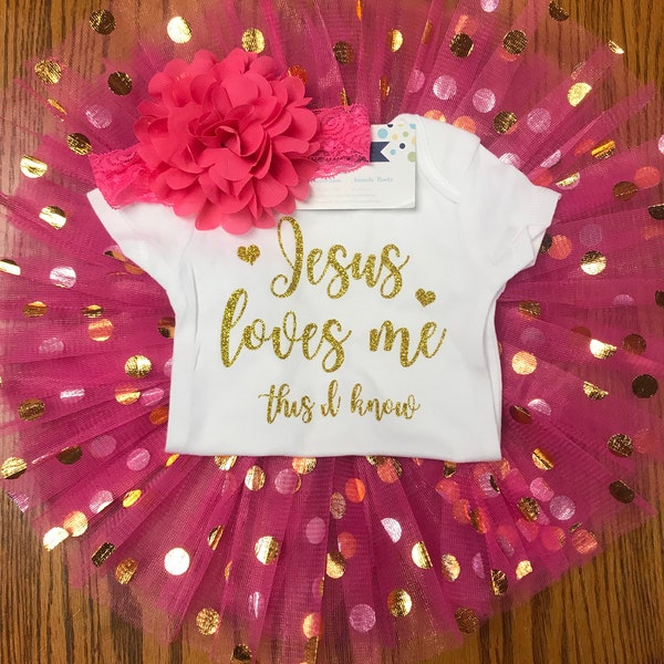 Baby Girl Jesus Loves Me Christian Baby Outfit - Baby Girl Church Outfit - Infant Baptism Outfit - Dedication Outfit - Taille Nouveau-né à 12M