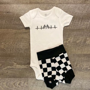 Racing Bodysuit and Bummie Set, Racing Bodysuit, Black and White Shorts, Racing Heartbeat Bodysuit, Racing Season, Checkered Flag Shorts